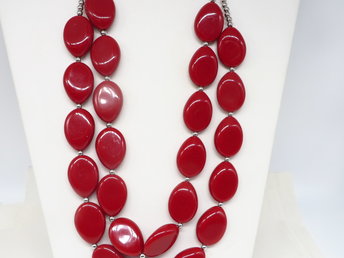 Cranberry Red Bead Necklace, Double Row, Silver Tone Beaded, Chain Link, 23 Inch Length
