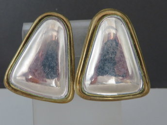Laton Mexico 925 Sterling Silver Triangle Earrings Brass Edged Silver Clip-on Earrings