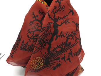 Vintage Red, Black and Gold Asian Designs Square Silk Scarf