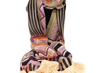 Oscar de la Renta Silk Scarf Chevrons and Stripes Multi-Color Fringed Scarf or Sash