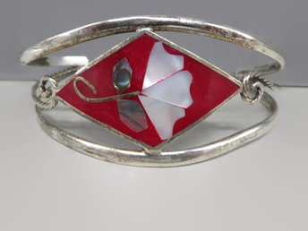 Vintage Alpaca Silver Bracelet, Red Enamel Mother of Pearl Abalone Shell Open Cuff, Mexico Jewelry
