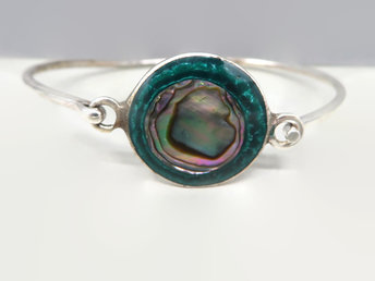 Vintage Mexico Silver Abalone Shell Hinged Bracelet