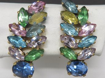 Multi-Color Rhinestone Earrings, Vintage Antique Gold Tone Screw Back Earrings