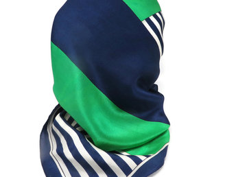 Vintage Japan Silk Scarf, Green Navy Blue and White Square Scarf