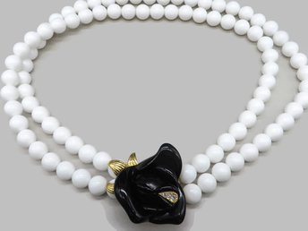 Kenneth Jay Lane Necklace, White Beaded Black Lucite Flower Rhinestone Dotted Necklace