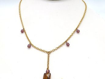 Brown Bead Chain Necklace, Gold Tone Rolo Chain and Faceted Beads, Dainty Jewelry