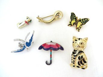 Vintage Enameled Mini Pins, Lot of 6: Arrows, Butterfly, Bird, Snail, Cat, Umbrella
