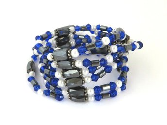 Magnetic Wrap Bracelet, Vintage Hematite, Blue and White Bead Adjustable Bracelet