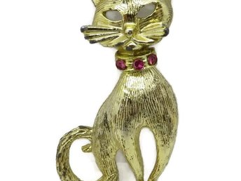 Rhinestone Studded Gold Cat Brooch