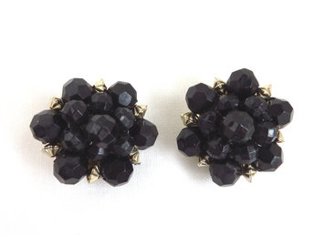Black Bead Cluster Clip-on Earrings, 1960's Hong Kong Jewelry