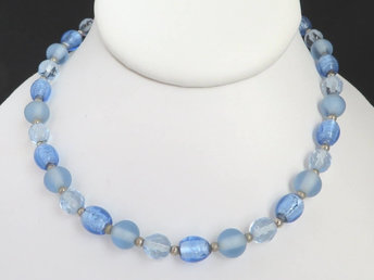 Frosted Blue Bead Choker Necklace, 1970s Filene's Jewelry