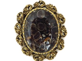Brown Art Glass Gold Tone Pin, MOD Jewelry