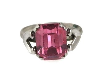 Vintage Emerald Cut Pink Glass Silver Tone Ring, Size 6.5