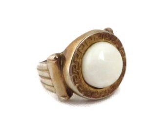 Art Deco Gold Plated Silver White Cabochon Ring, Size 6