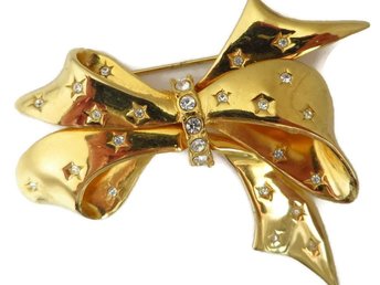 Joan Rivers Rhinestone Studded Large Gold Tone Bow Brooch