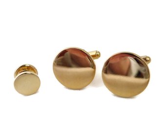 Shiny Gold Tone Round Cuff Links and Tie Tac Set