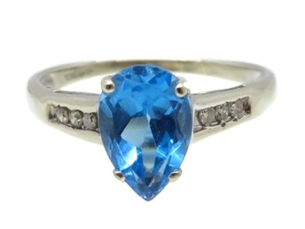 Blue Topaz and Diamond Ring, 10K White Gold Ring, Size 7
