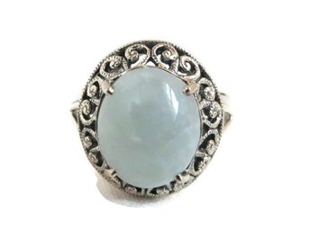 Sterling Silver Blue Cabochon Filigree Framed Dome Ring Size 6.5
