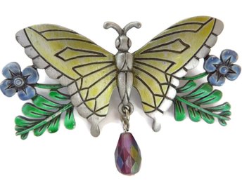 JJ Gold & Green Enamel, Amethyst Rhinestone Butterfly Dangle Pin