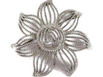 Monet Textured Silver Tone Flower Brooch