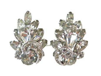 EISENBERG Clear Rhinestone Earrings, Silver Tone Clip-ons, Vintage Bridal Jewelry