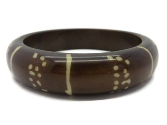Vintage Brown Bangle, Cream Striped and Dotted Bracelet, Made in India