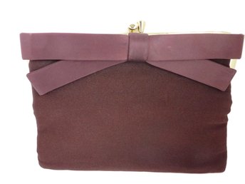 Brown Satin Bow Accented Clutch Purse, 1960's Evening Bag 
