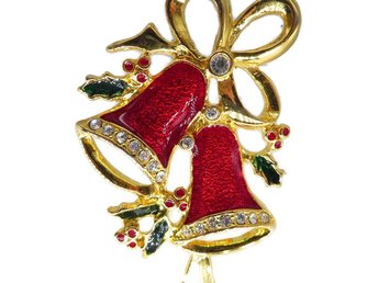 Vintage Red Enamel Christmas Bells Brooch