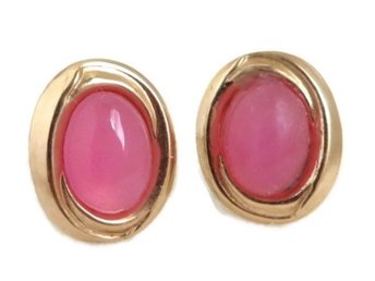 Pink Quartz Pierced Earrings, Vintage 14K Yellow Gold Studs