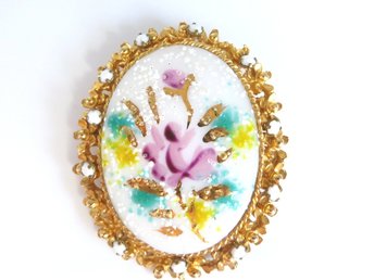 Alice Caviness Hand Painted Milk Glass Flower Brooch, Unique Vintage Gift