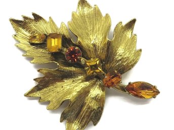 Graziano Rhinestone Studded Golden Leaf Brooch