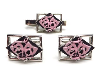 Pink Theatre Masks Silver Tone Cuff Link and Tie Bar Set