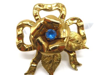 Vintage Jewelry, Coro Gold Tone Blue Rhinestone Flower Bow Brooch 