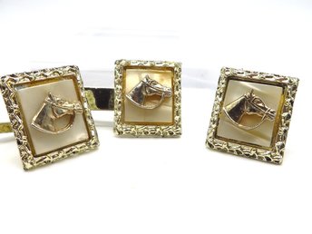Gold Tone MOP Horse Head Cuff Links and Tie Clasp Set