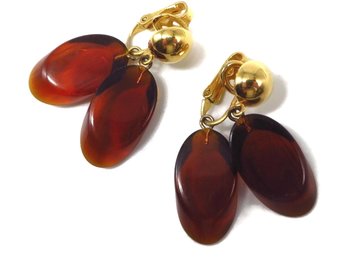 Trifari Brown Lucite Dangling Bead Clip-on Earrings 