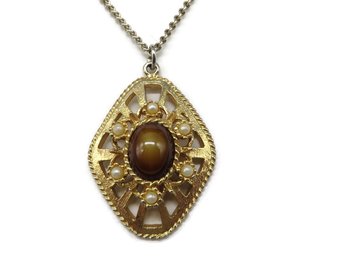 Sarah Coventry Tiger Eye Pendant, Gold Tone Necklace with Faux Pearl