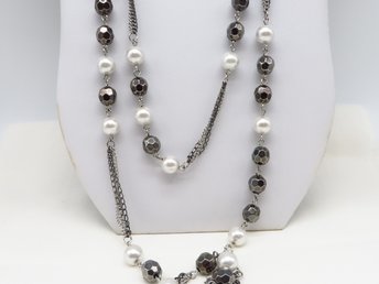 Long Beaded Necklace, Silver Gray Two Tone Chain Link Necklace