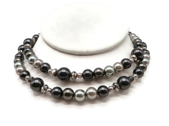 Silver and Gray Beaded Necklace, 25 Inch Length, signed RMN