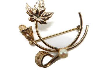 Gold Filled Faux Pearl Flower, Leaf Pin