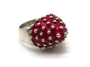 Sterling Silver Red Enamel Cone Shaped Ring, Size 6