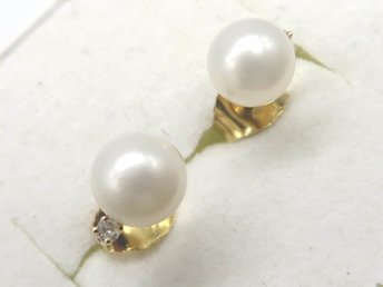 Pearl and Diamond Earrings, Vintage 10K Gold Stud Earrings