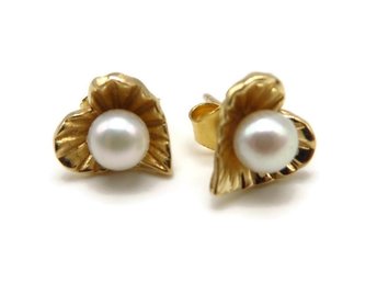 Sea Pearl Pierced Earrings, Vintage 14K Gold Stud Earrings