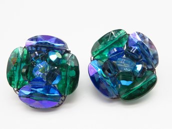 Signed Vogue Iridescent Blue and Green Button Earrings