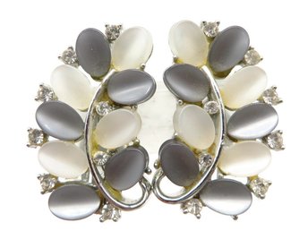 Lisner Gray and White Rhinestone Studded Clip-on Earrings 