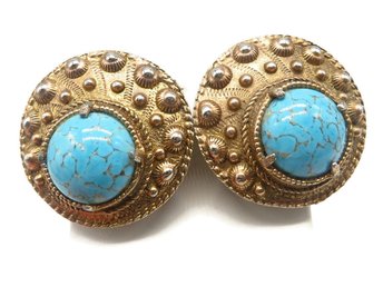 Graziano Faux Turquoise Gold Tone Domed Clip-on Earrings