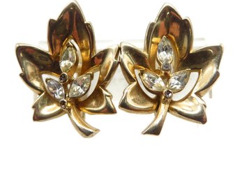 Coro Leaf Shaped Rhinestone Studded Clip-on Earrings