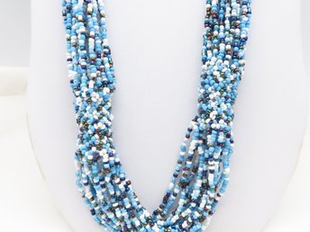 Blue Bead Necklace, 16 Strand Seed Beaded, 29 Inch Length