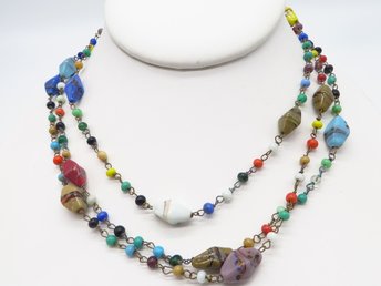 Long Multi-Color Necklace, Blue, Green, Brown, Orange Red Bead 46 Inch Length