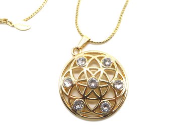 Gold Tone Rhinestone Studded Circle Pendant, Herringbone Necklace, Ambassador Jewelry