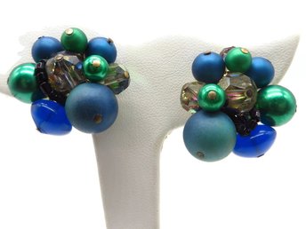 Vendome Blue Green Cluster Bead Clip-on Earrings 